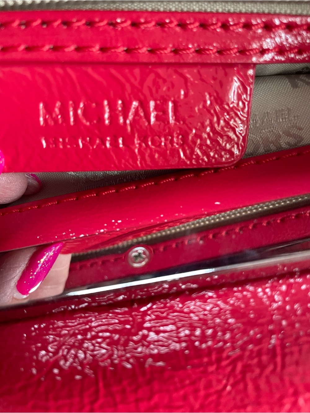 MICHAEL Michael Kors Red Patent Leather Clutch with Rectangular Metal Handle - Picture 4 of 7